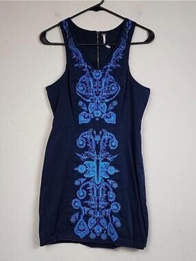 Free People Small Black Blue Embroidered Mini Dress